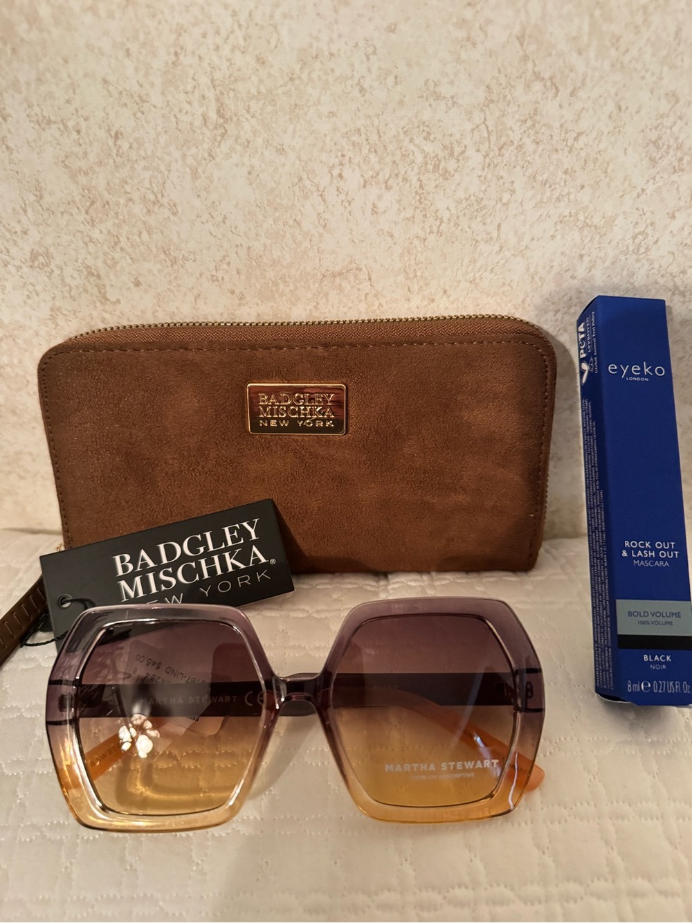 Badgley Mischka Brown Suede Wristlet Wallet with Gold Plaque